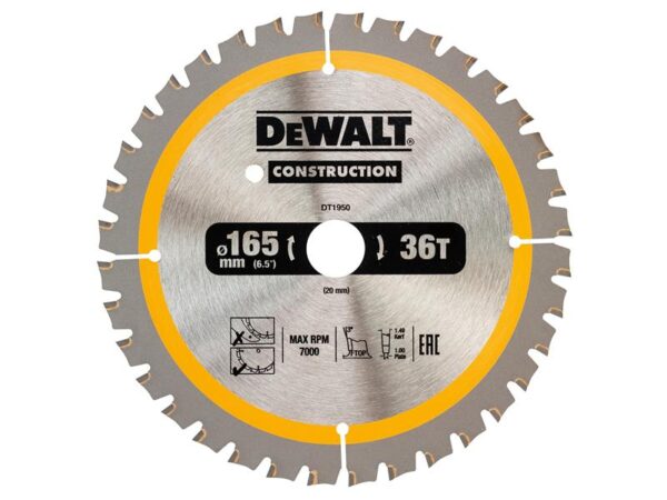DeWALT Power Tools Cordless Construction Trim Saw Blade 165 x 20mm x 36T