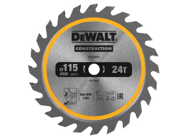 DeWALT Power Tools DT20420 TCT Construction Circular Saw Blade 115 x 9.5mm x 24T