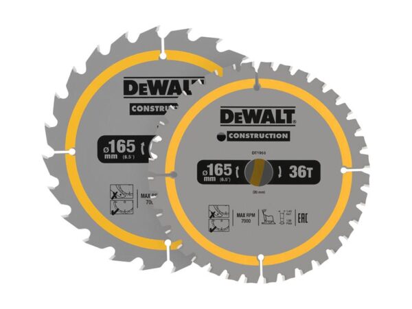 DeWALT Power Tools DT90270 Construction Circular Saw Blade 2 Pack 165 x 20mm x 24T/36T