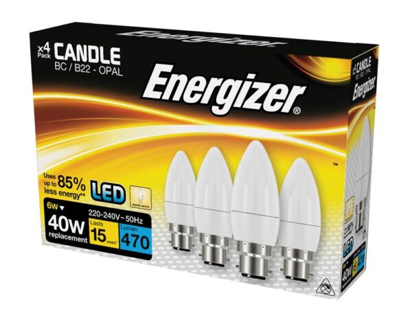 Energizer® LED BC (B22) Opal Candle Non-Dimmable Bulb, Warm White 470 lm 5.2W (Pack 4)
