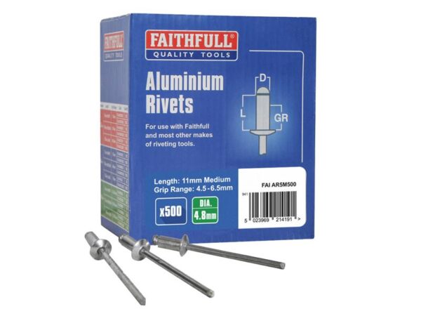 Faithfull Aluminium Rivets 4.8 x 11mm Medium Bulk Pack of 500