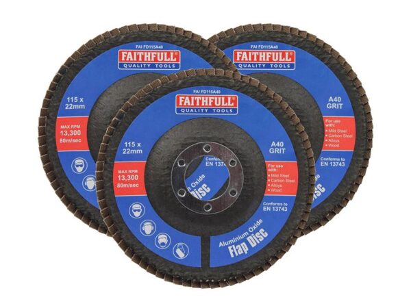 Faithfull Aluminium Oxide Flap Disc 115 x 22mm 40 Grit (3 Pack)