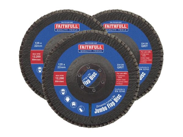 Faithfull Zirconia Abrasive Jumbo Flap Disc 125 x 22mm 120 Grit (3 Pack)