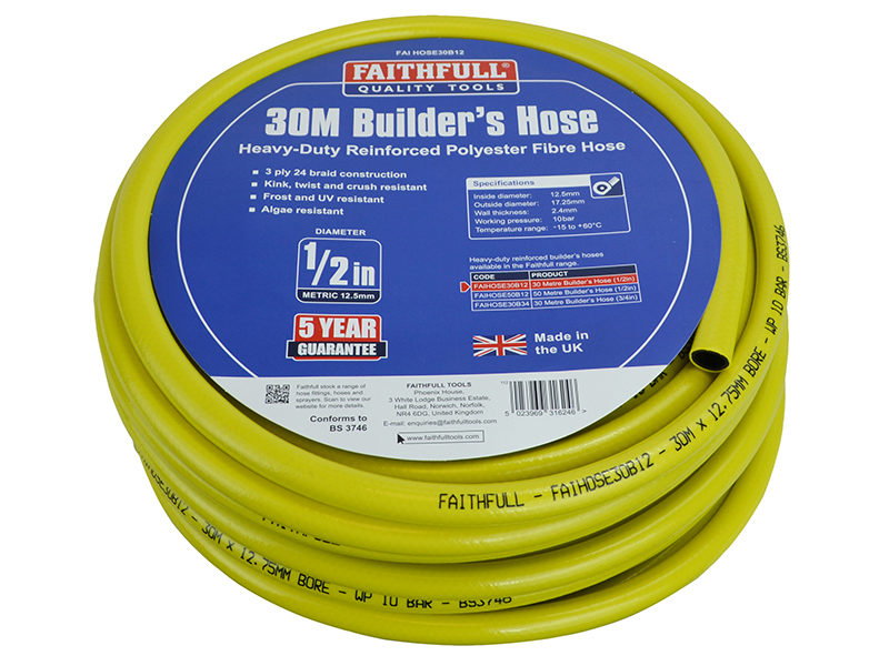 Faithfull Heavy-Duty Reinforced Builder's Hose 30m 12.5mm (1/2in) Diameter - Image 2