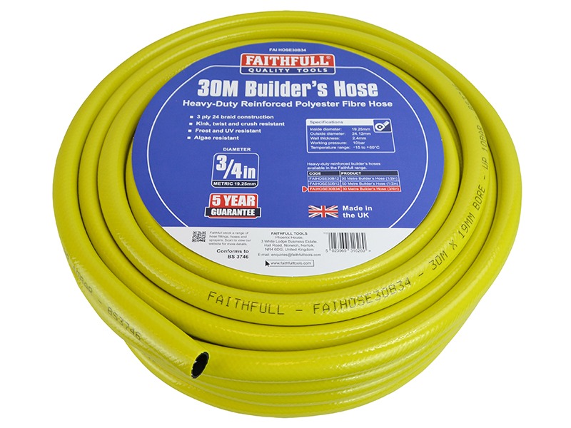 Faithfull Heavy-Duty Reinforced Builder's Hose 30m 19.25mm (3/4in) Diameter - Image 2