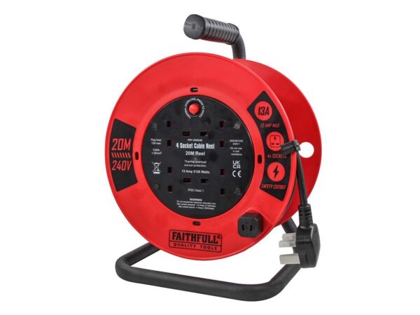 Faithfull Power Plus Open Cable Reel 240V 20m 13A 4 Socket (1.25mm Cable)