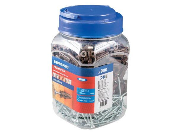 Rawlplug Brown UNO® Plugs & Screws in Jar (450 Plugs + 450 Screws)