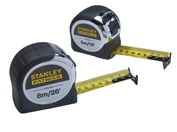 STANLEY® Hand Tools FatMax® Chrome Pocket Tapes 5m/16ft & 8m/26ft (Twin Pack)