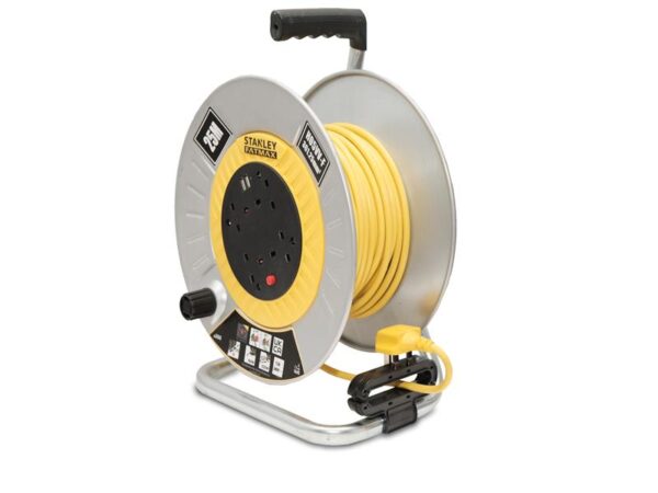 STANLEY® Electrical Open Metal Drum Cable Reel 240V 13A 4-Socket + 2 USB 25m