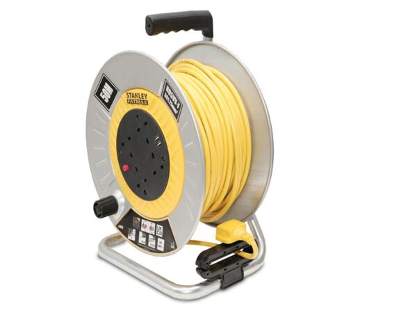 STANLEY® Electrical Open Metal Drum Cable Reel 240V 13A 4-Socket + 2 USB 50m